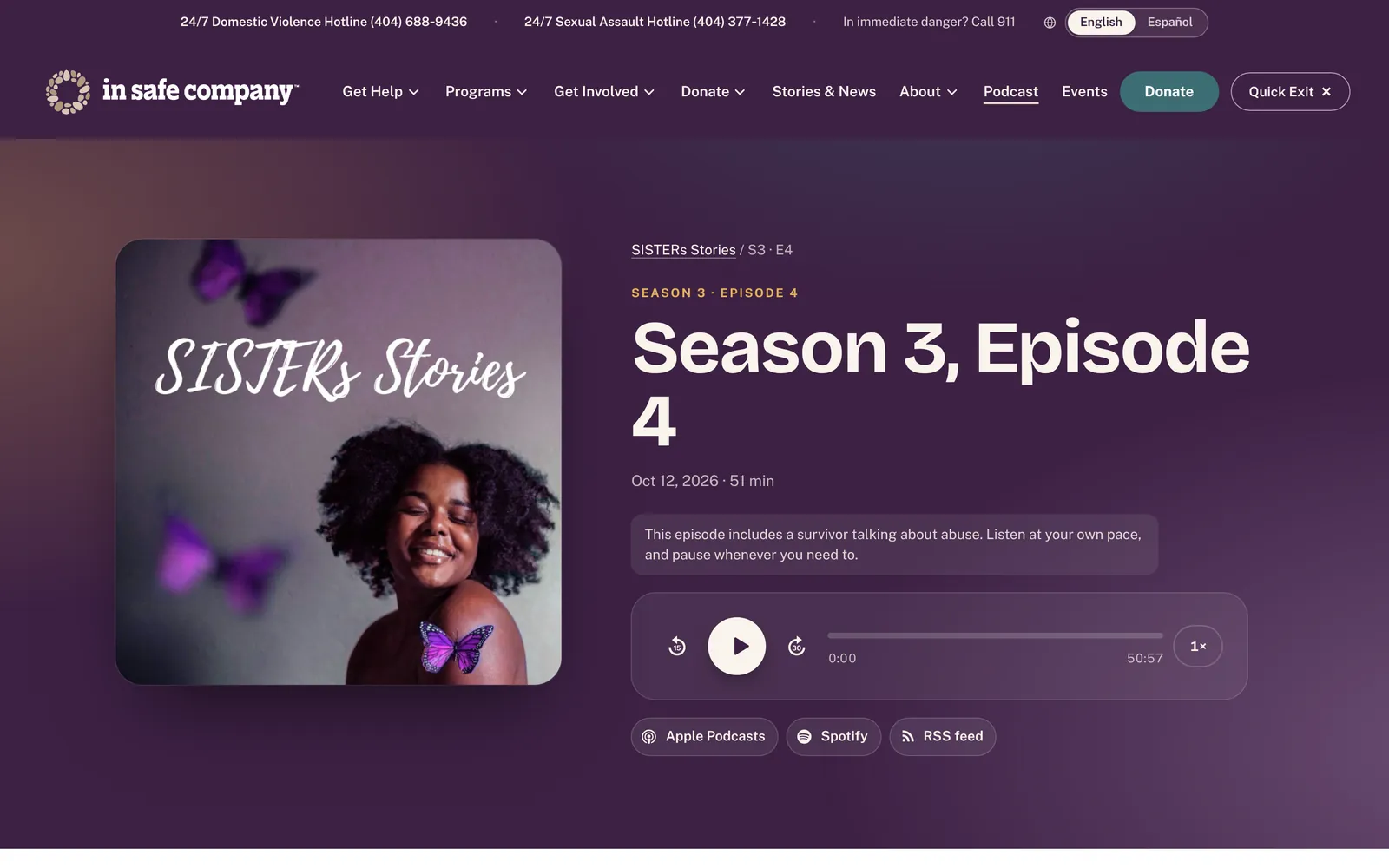 Página de episodio con aviso de contenido y reproductor