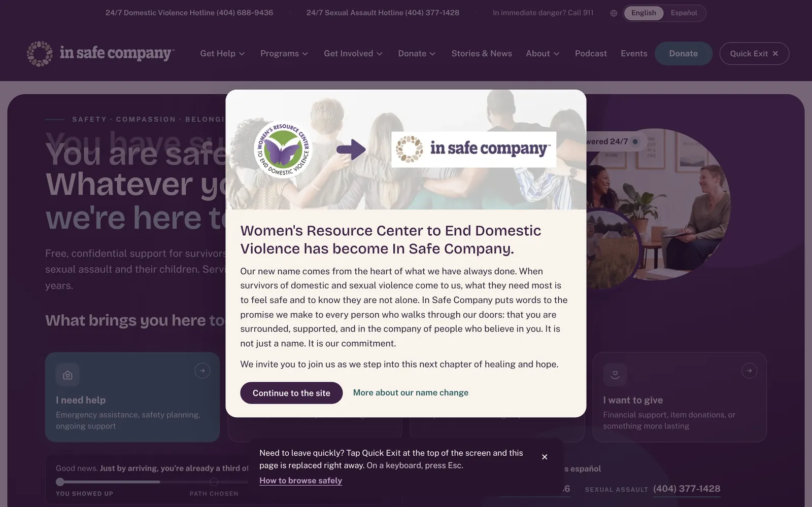 Ventana de bienvenida que conecta el nombre y el logotipo anteriores con In Safe Company