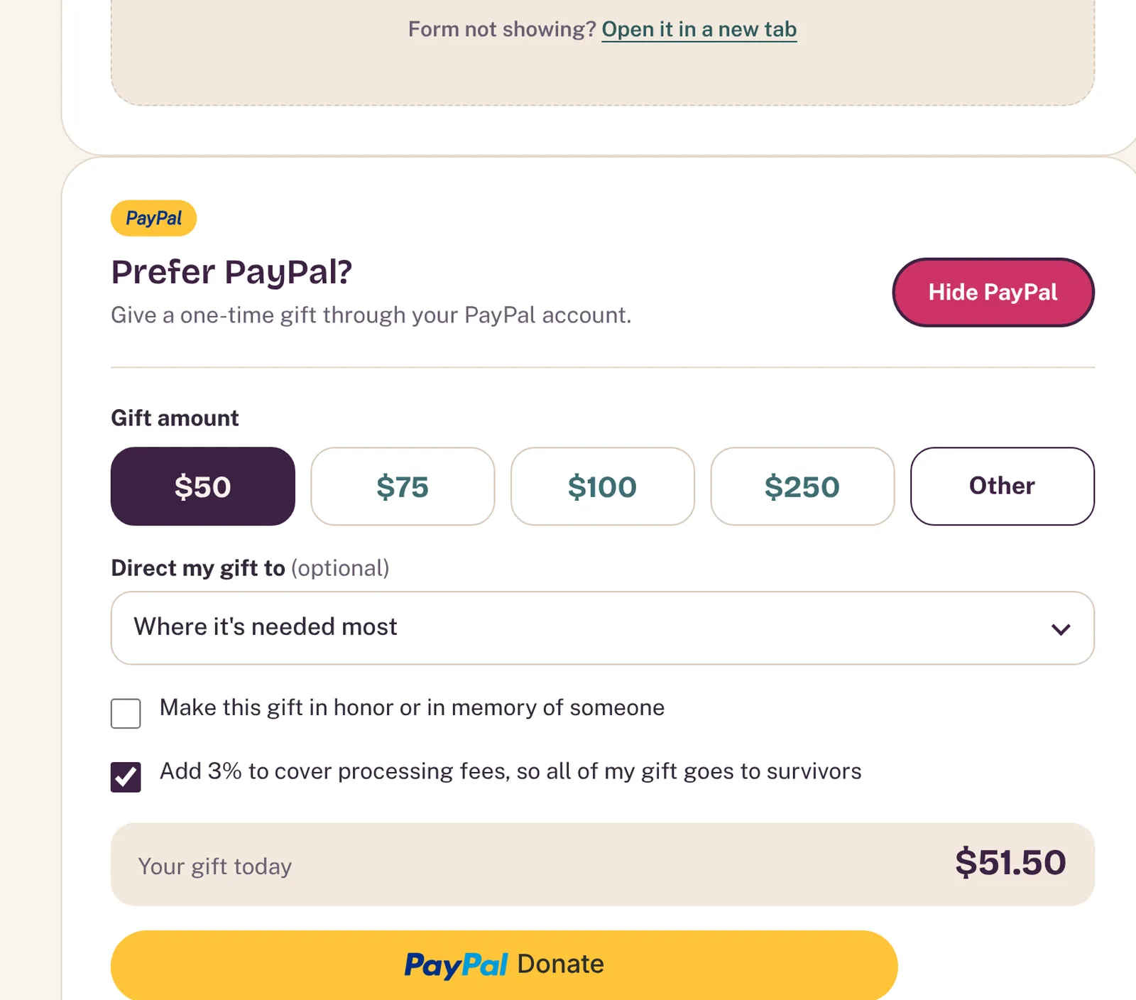 Panel de donación de PayPal con montos, campaña, homenaje y comisiones