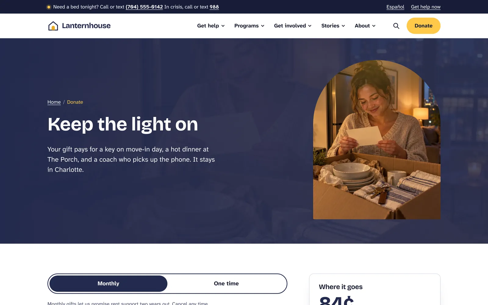 Donate page titled Keep the light on, with monthly and one-time toggle