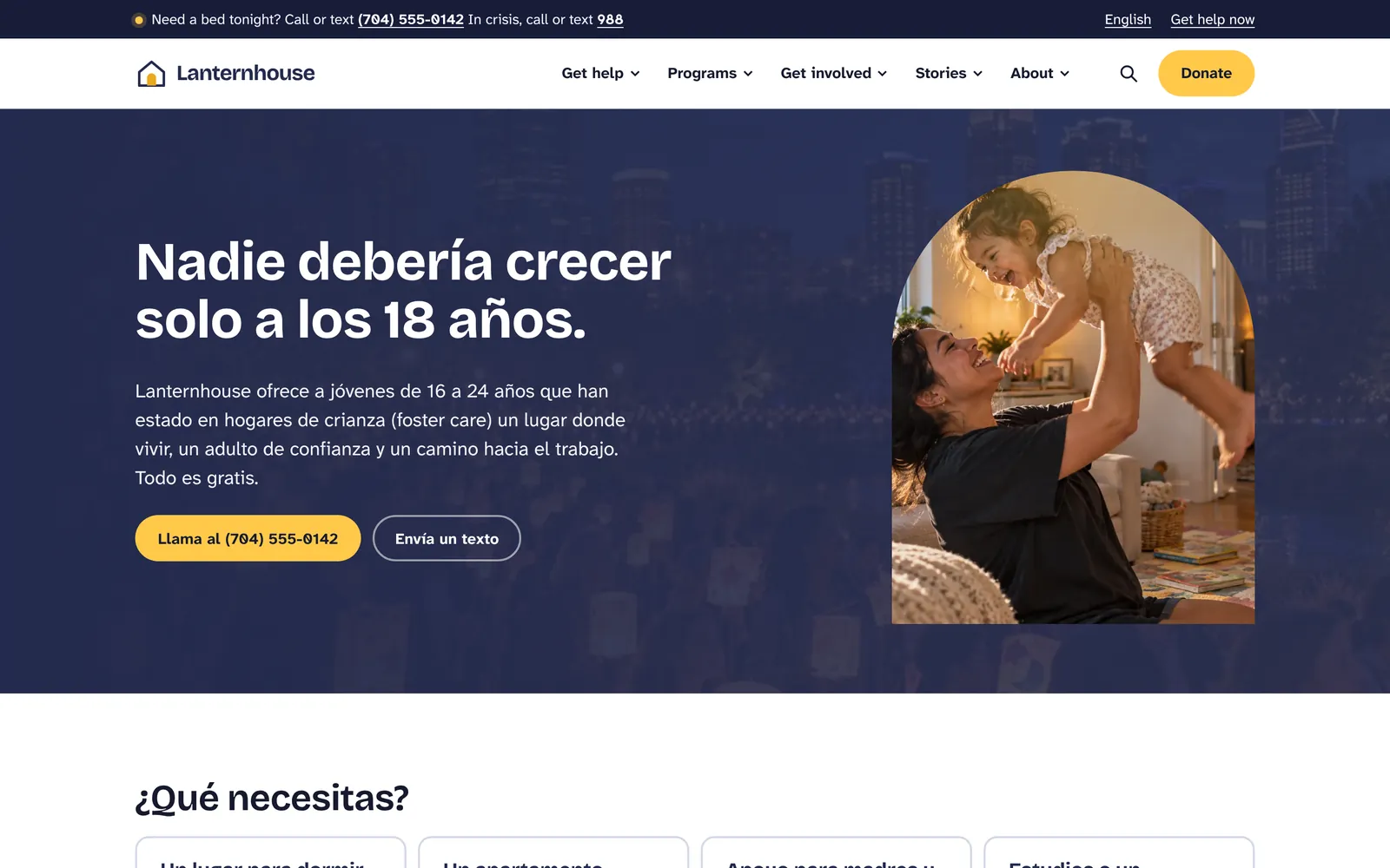 Spanish landing page: Nadie debería crecer solo a los 18 años