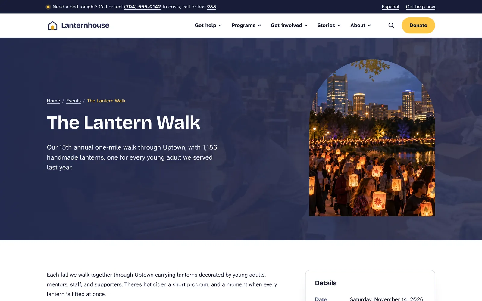 The Lantern Walk event page with glowing lanterns in a park