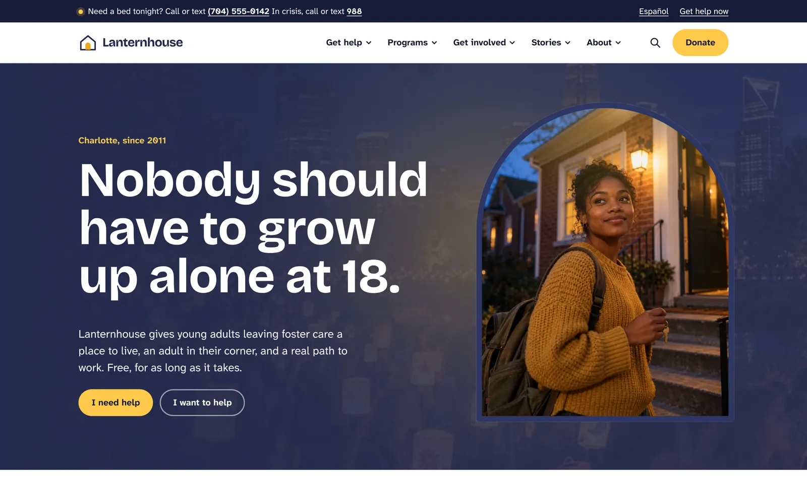 Lanternhouse home page: Nobody should have to grow up alone at 18, beside a lit arched window