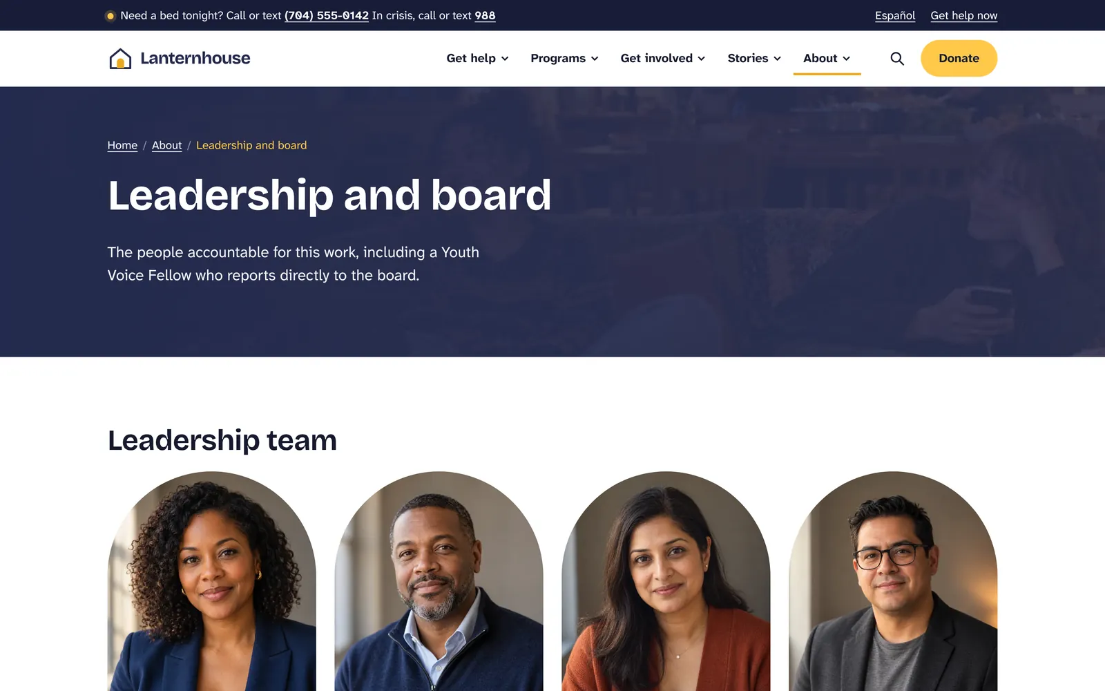Leadership and board page with arched portraits