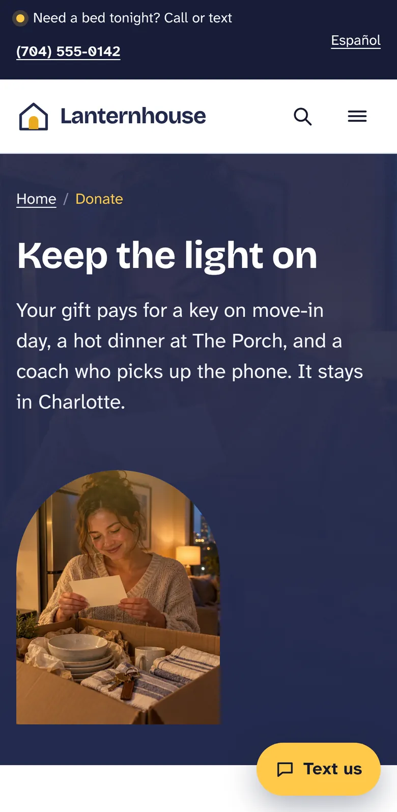 Donate page on a phone