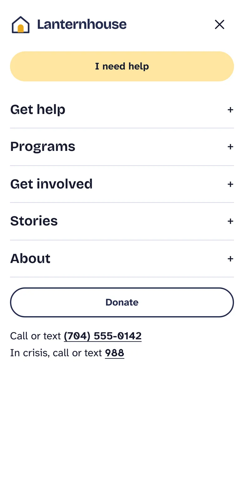 Mobile menu with I need help at the top