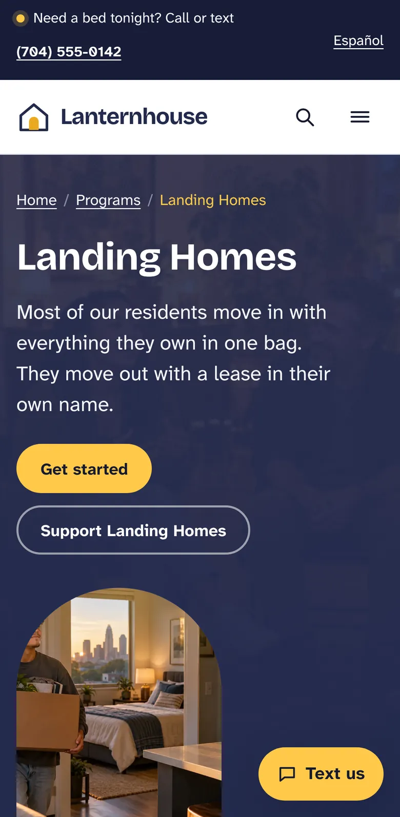 Landing Homes program page on a phone