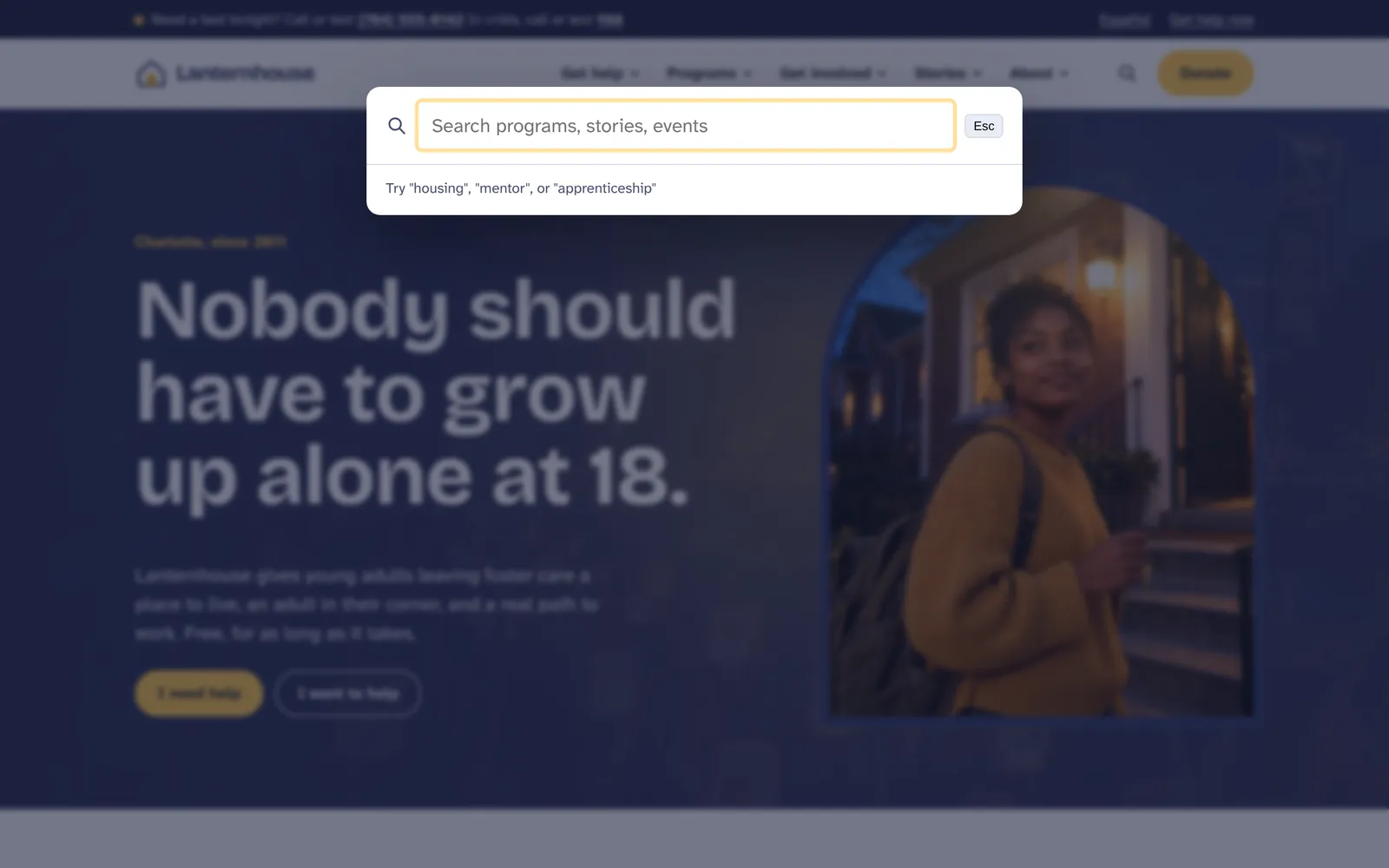 Site search dialog open over the home page