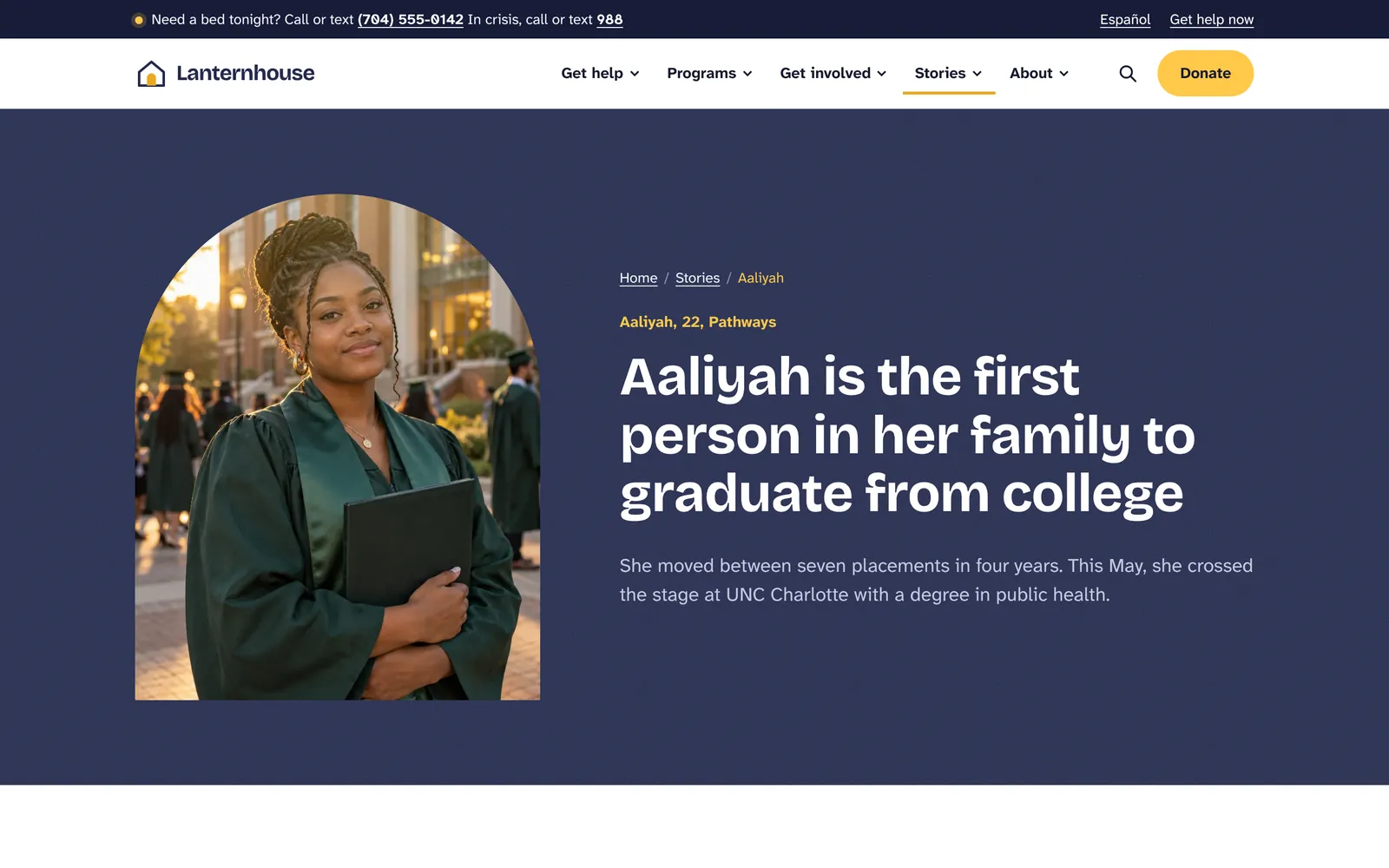 Aaliyah's story page with a graduation portrait in an arch