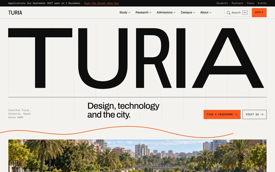 Turia Institute home page with the programmed-width TURIA wordmark