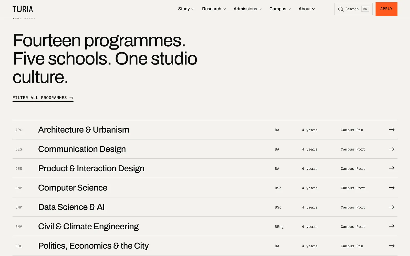 Índice de programas en la página de inicio