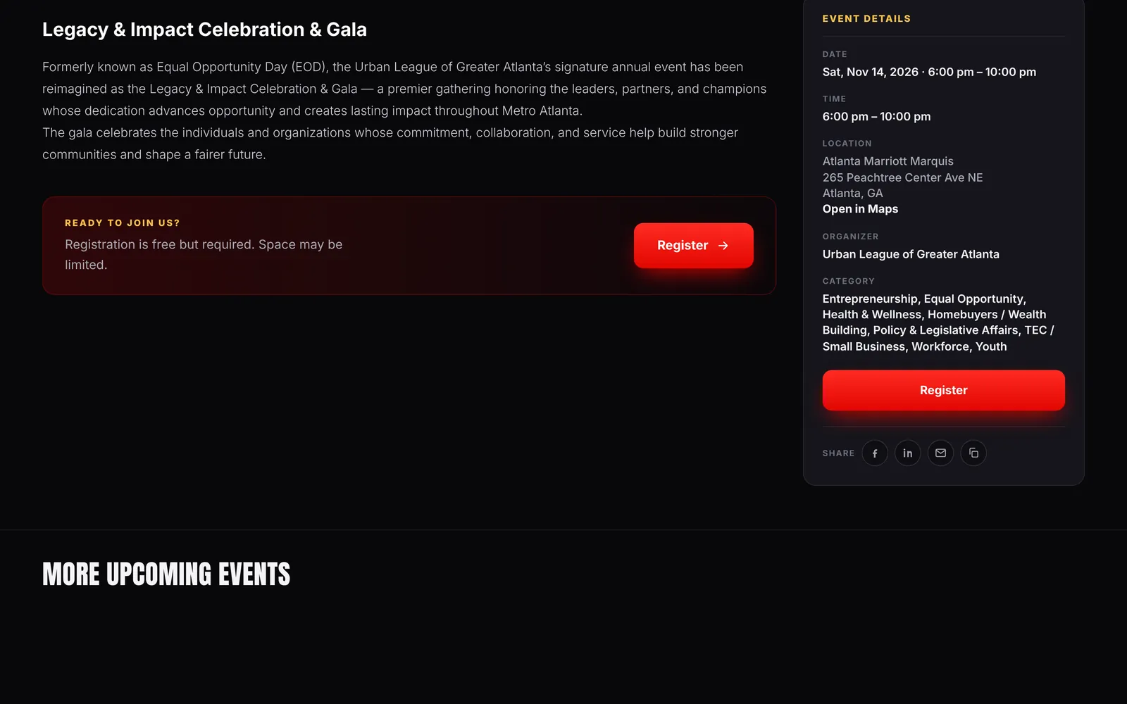 Panel de detalles del evento e inscripción