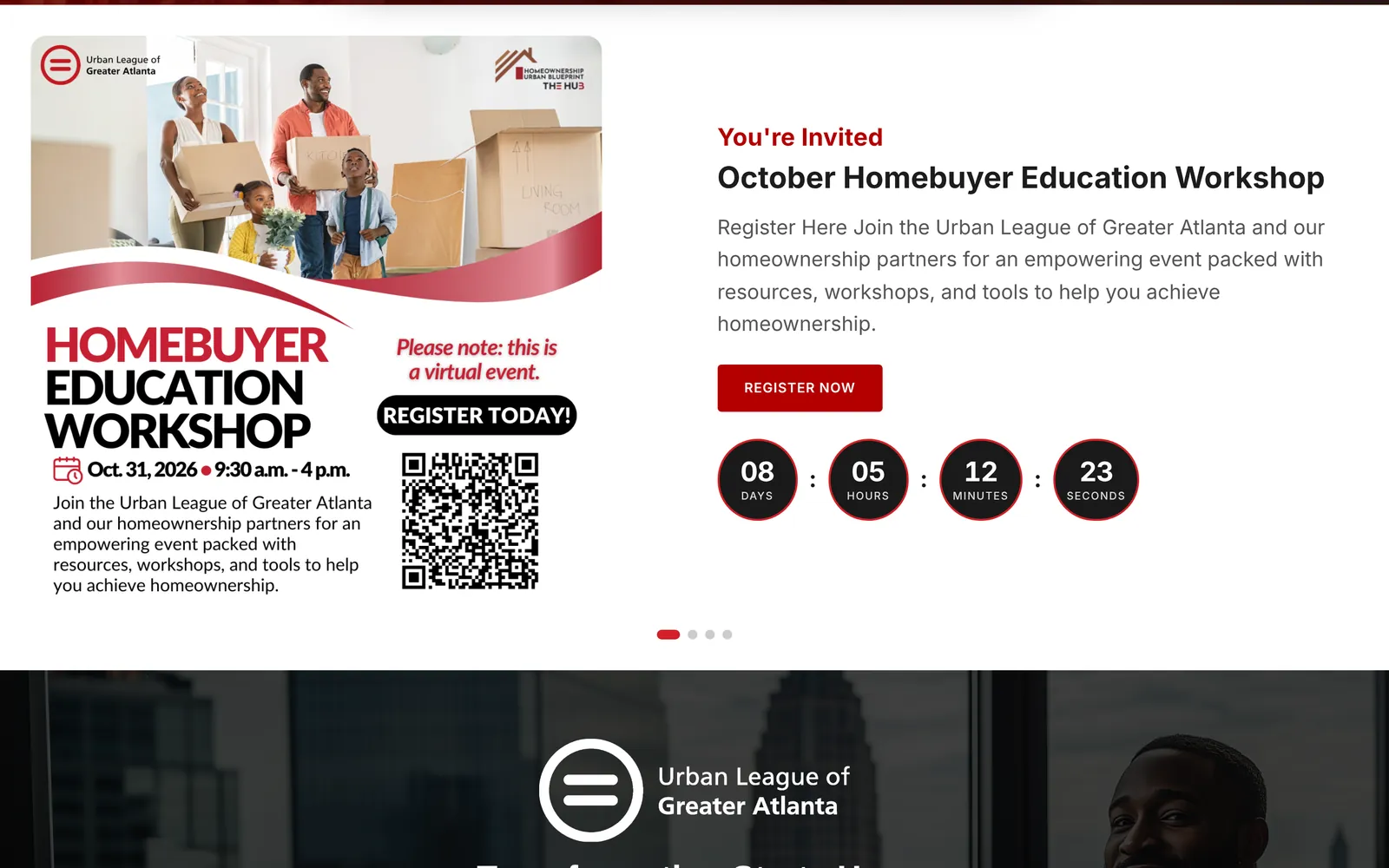 Diapositiva de la página de inicio que invita a un taller de educación para compradores de vivienda, con cuenta regresiva